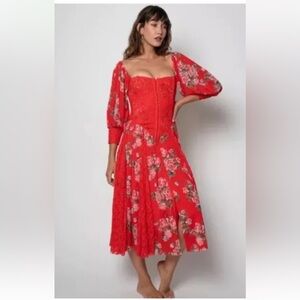 New We are HAH Prairie Boho Maiden Memphis Dress Midi Floral Red Corset M $298
